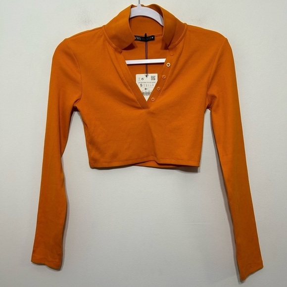 New! Zara Ribbed Long Sleeve Cropped Polo Shirt - Picture 3 of 9